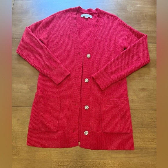LOFT Sweaters - LOFT Red Jeweled Button Cardigan Sweater | Size Small | NWOT | Holiday Glam